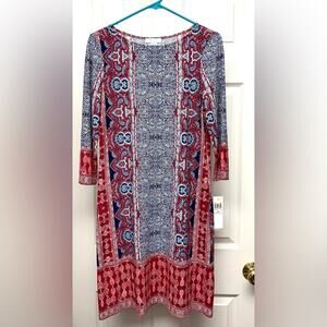 London Times Shift Dress, Burgundy Navy Mandala, 3/4 Sleeves, 10 Petite 10P NWT